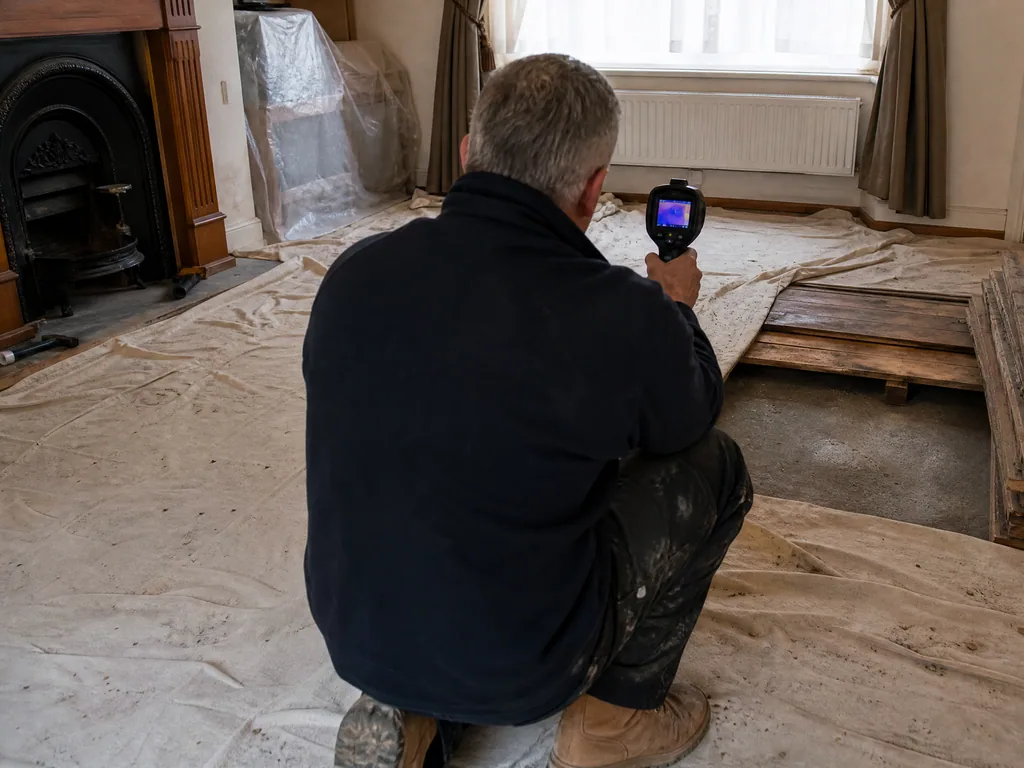 Engineer using a thermal imaging camera over a lifted section of floor during a trace and access job in Nottingham