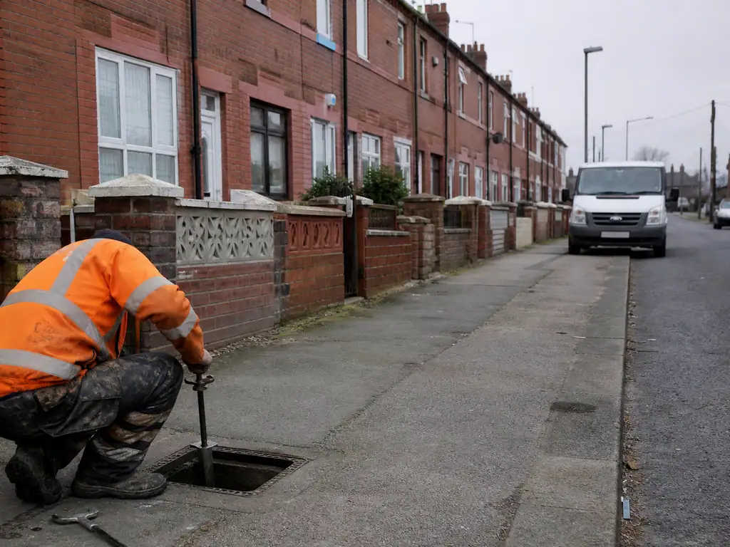 Engineer checking a stop tap outside a row of former miners' terraced houses in Mansfield