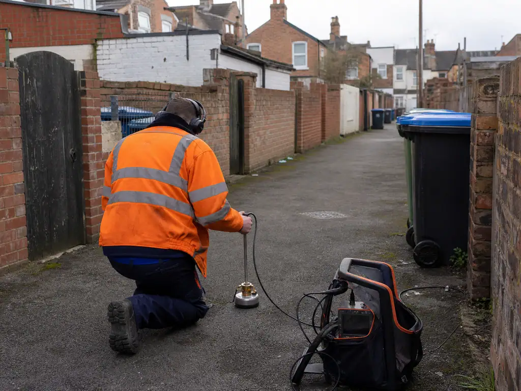 Engineer listening with a ground microphone in an alley behind Victorian terraced houses in Nottingham