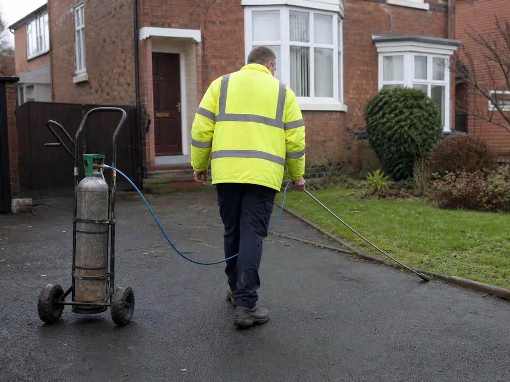Engineer sweeping a tracer gas detector over a tarmac drive in Nottingham to find an underground water leak