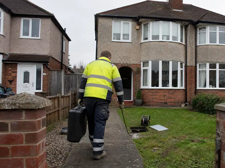Engineer with acoustic leak detection kit at a 1930s semi-detached house in Beeston