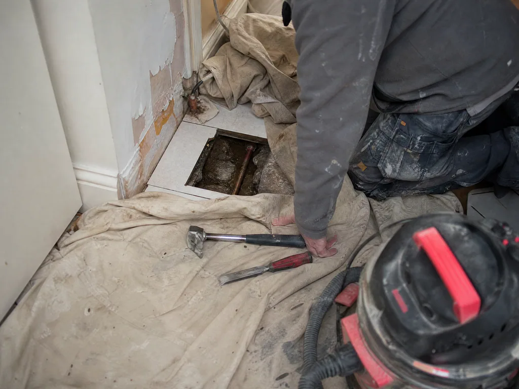 Kitchen floor opened over a leaking copper pipe during trace and access, Nottingham