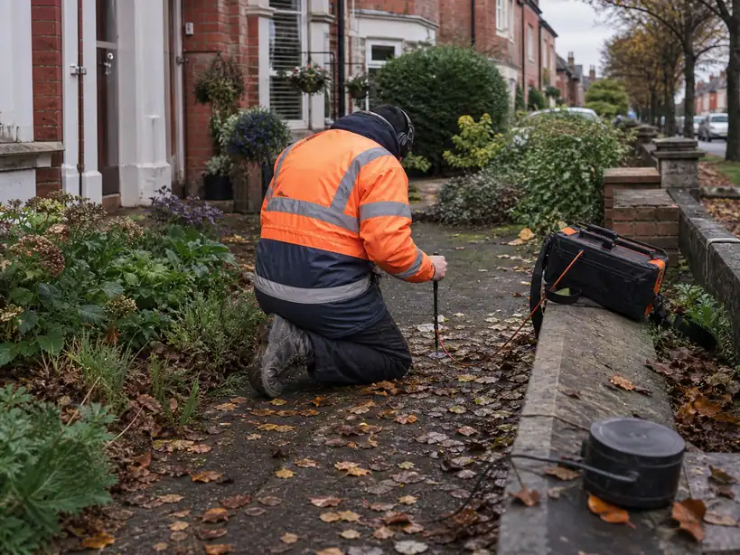 Leak detection engineer on a front path of a Victorian terraced house on a tree-lined street in West Bridgford