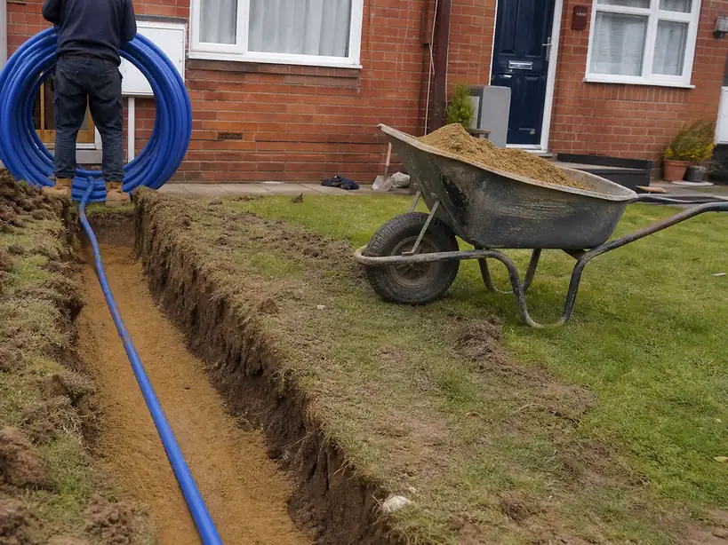 New blue MDPE water supply pipe being laid on sand in a trench across a front garden in Nottingham