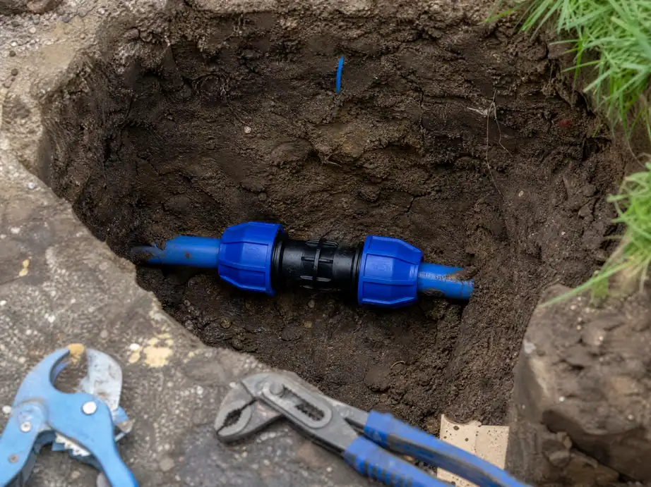 Repair coupling on a supply pipe, fixed to meet a private leakage notice, Nottingham