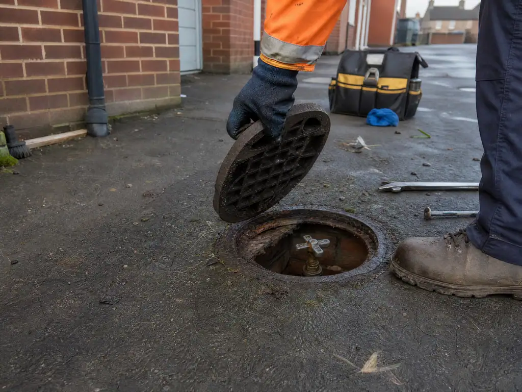 Stop valve cover opened in a service yard behind commercial units, Nottingham